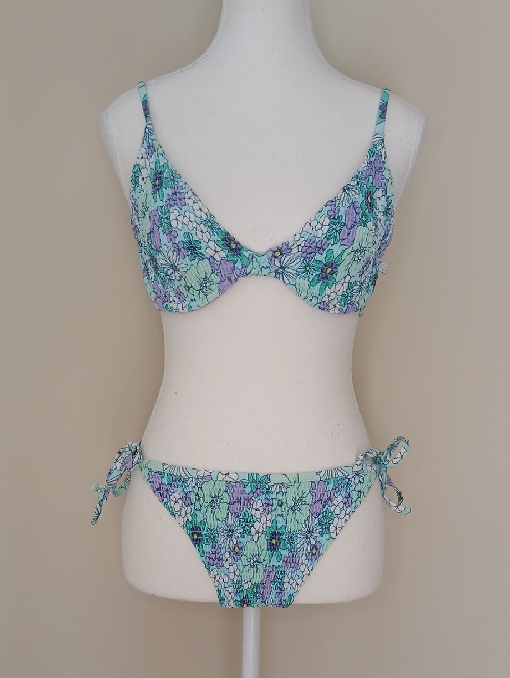La Vie En Rose Aqua Shirred Retro Style Bikini Top Size M & Bottom Size Large